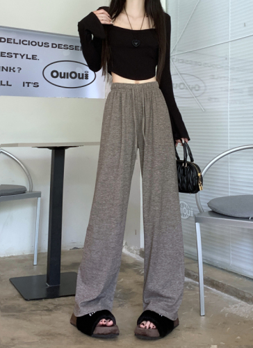 Real shot 2024 spring new high-waisted women's casual trousers stretch knitted wide-leg pants slimming pants