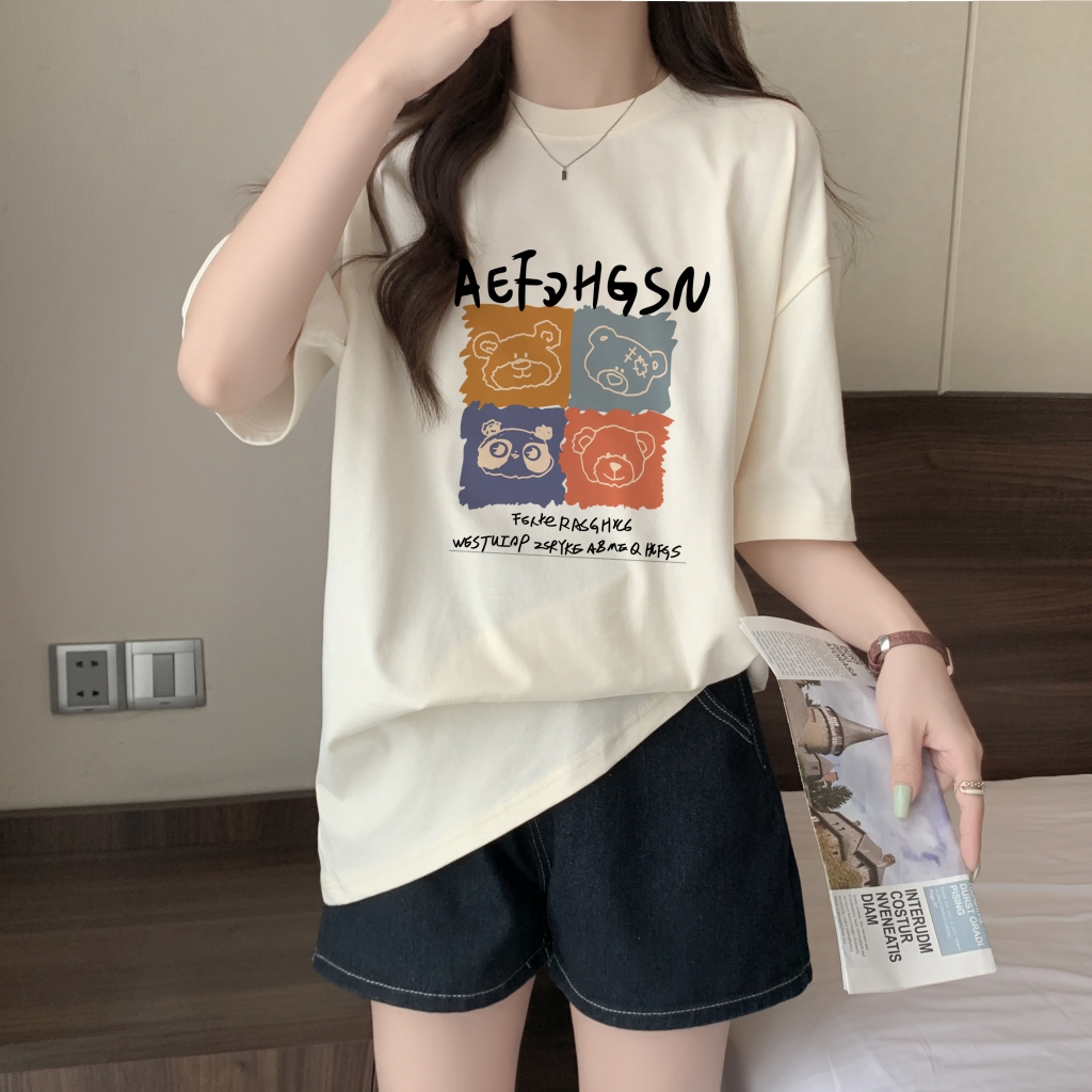 Real shot 2024 spring and summer new style 100% cotton combed cotton printed summer short-sleeved T-shirt women's loose Korean version