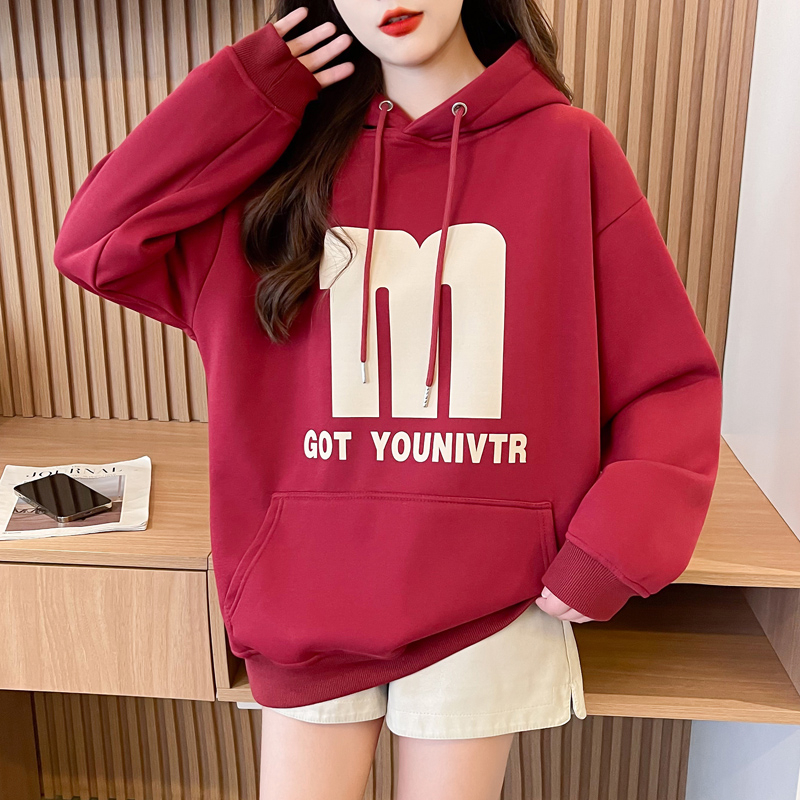 Real shot of Huamian loose casual printed hooded sweatshirt for women new versatile design spring and autumn thin jacket