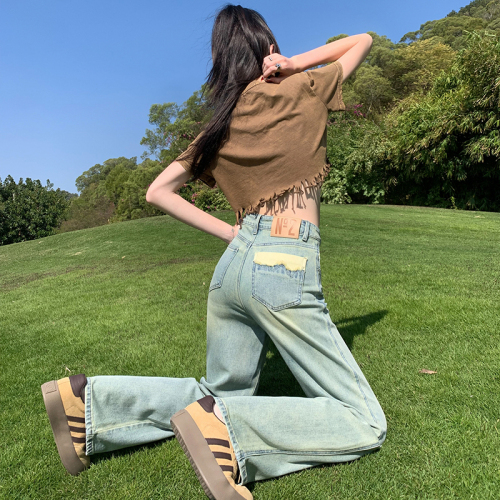 Real shot of light blue straight-leg jeans 2024 spring high-waisted loose-fitting slim wide-leg pants for small people