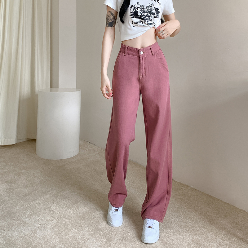Real shot 2024 spring and summer pink straight MM jeans loose trousers high waist slimming solid color simple wide leg pants