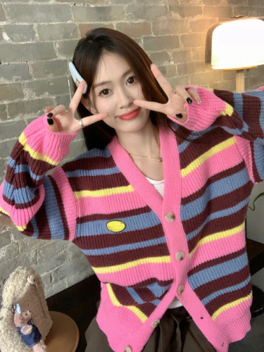 Real shot of dopamine colorful striped knitted cardigan for women with design sexy fufu sweet sweater cardigan jacket