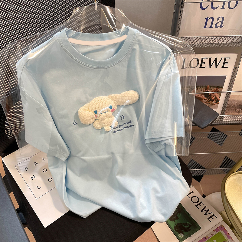 淺藍色甜美可愛玉桂狗短袖t恤女夏季學生設計感小眾港味chic上衣