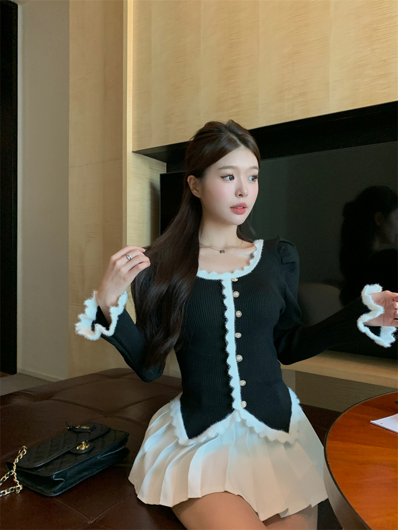 Actual shot of the new autumn and winter design French princess puff sleeve slim and versatile lace wool knitted top