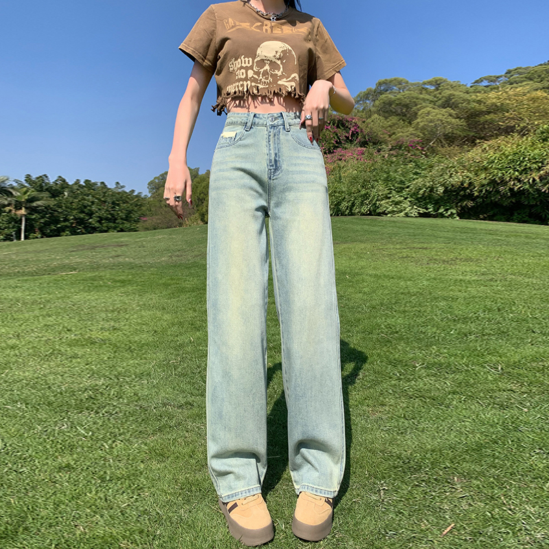 Real shot of light blue straight-leg jeans 2024 spring high-waisted loose-fitting slim wide-leg pants for small people
