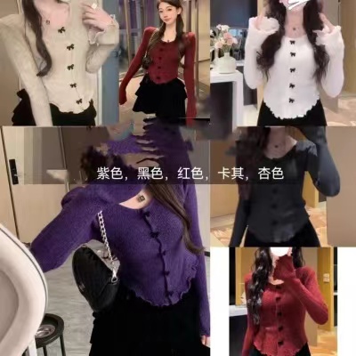 Muzi-long-sleeved sweater sweater top, temperament internet celebrity short fashion purple long-sleeved sweater, slimming