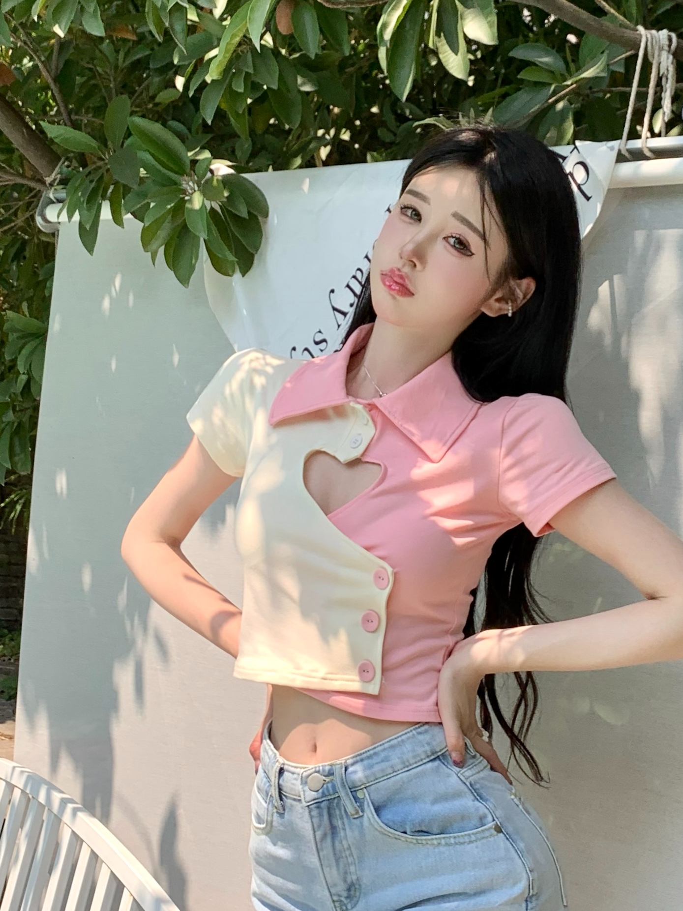 甜辣妹鏤空短袖T恤女夏季短款polo領別致修身顯瘦設計感小眾上衣