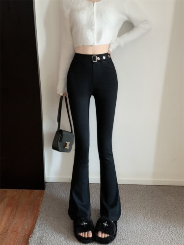 Real shot!! Women's autumn and winter tight elastic high waisted pants with added velvet and thickened micro horn casual pants