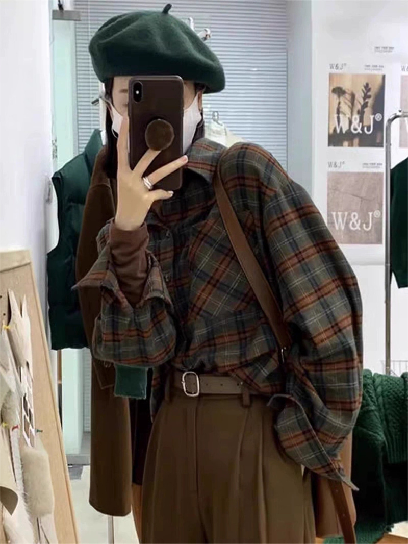 2024 Korean spring American retro plaid shirt for women new style loose and lazy inner shirt jacket