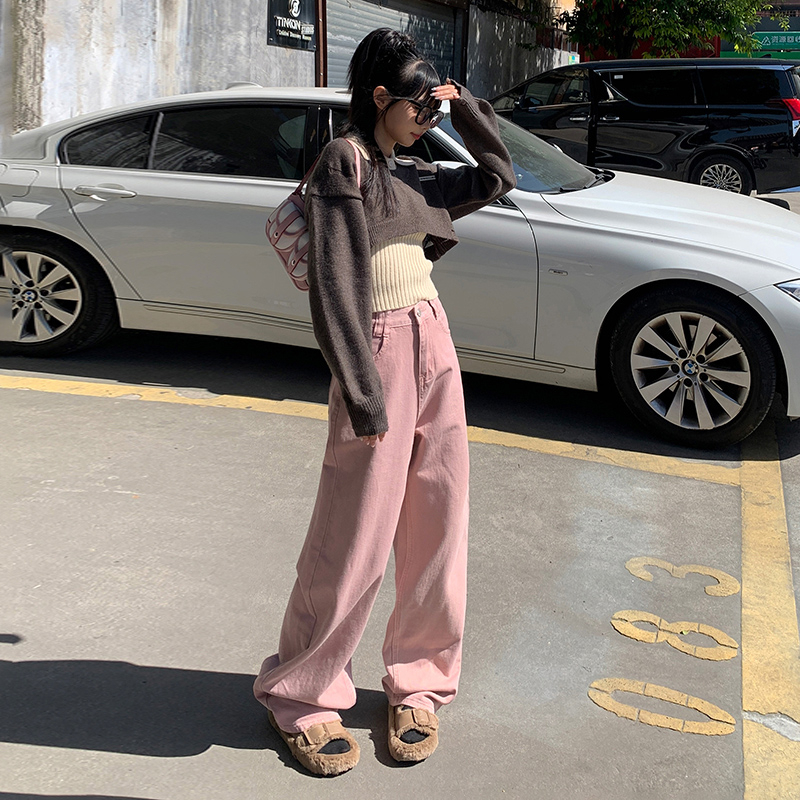 Real shot 2024 early spring retro loose wide leg pants dopamine high waist straight pants jeans for women
