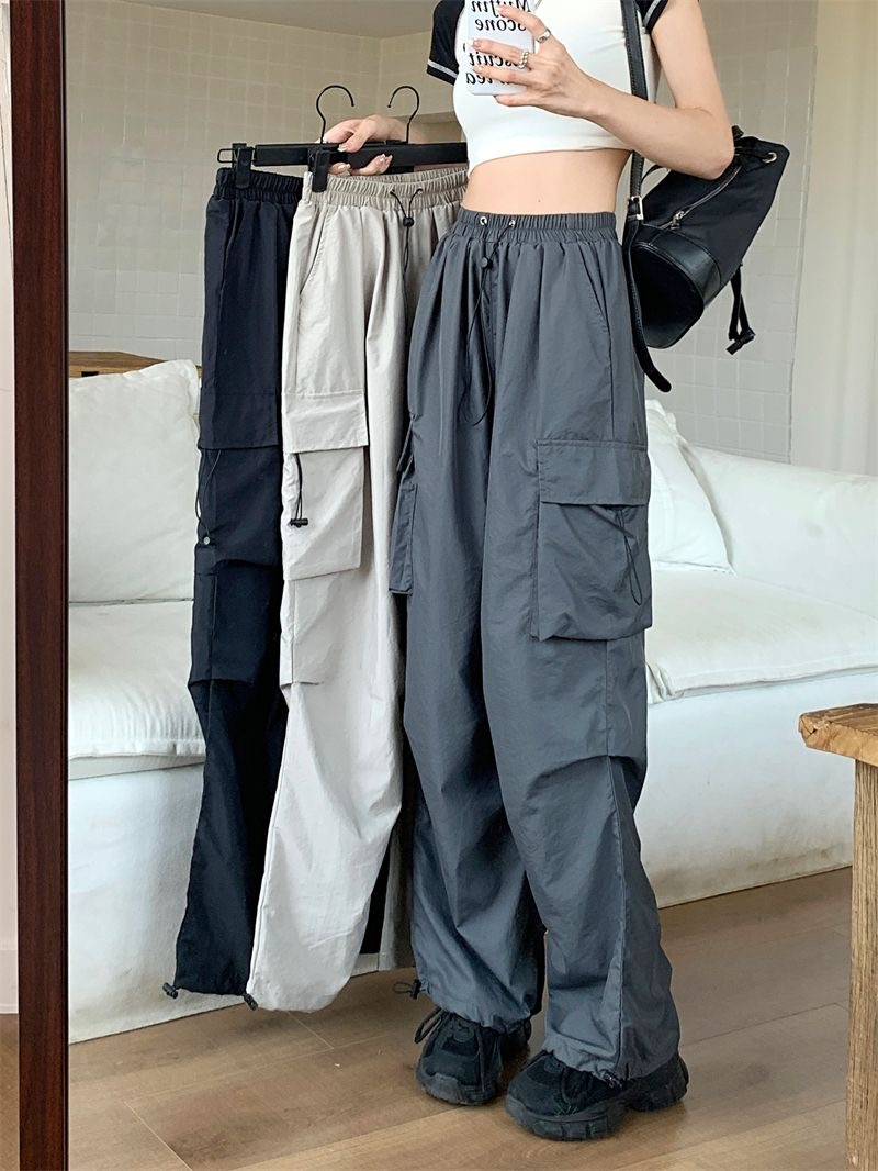 美式辣妹工裝褲女抽繩休閒褲夏季垂感寬鬆直筒闊腿褲拖地長褲子潮