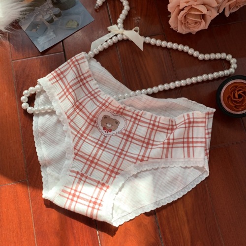 Real shot New Year red hot girl cute plaid bear print underwear women's autumn and winter triangle pants