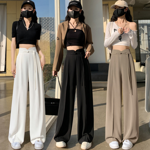 Actual shot of new Chinese-style buckle suit, wide-legged women's spring narrow version, high-waisted, straight-legged, Chinese-style loose slimming casual pants