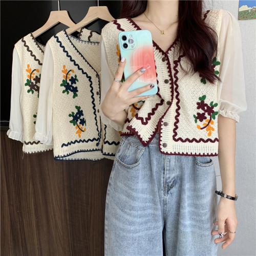 Korean style French embroidery design cardigan top