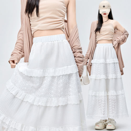Real shot of white skirt for women in spring high-waisted A-line skirt cake skirt gentle wind long skirt design crochet skirt