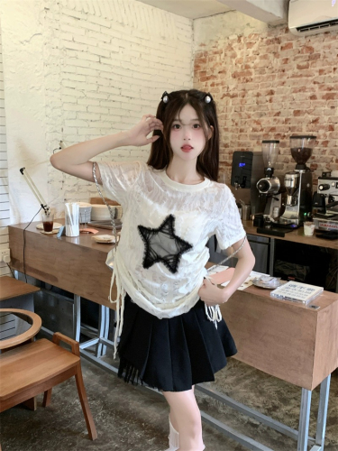 Drawstring star short-sleeved T-shirt for women in autumn new American hot girl style design, foreign style niche chic trendy top