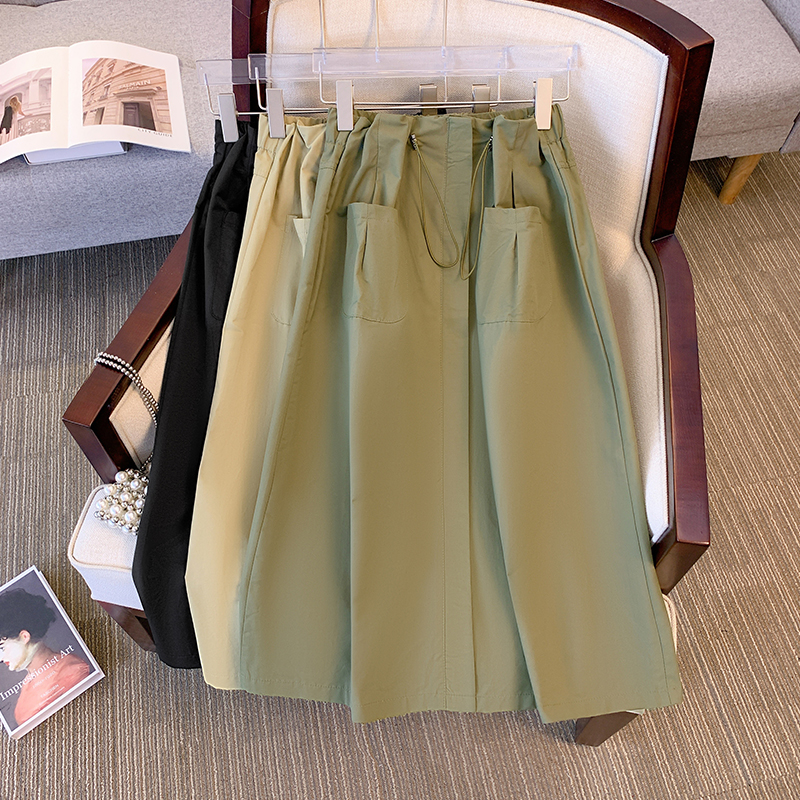 Real shot of large size 2024 spring new style fat girl design high waist drawstring mid-length a-line workwear skirt for women