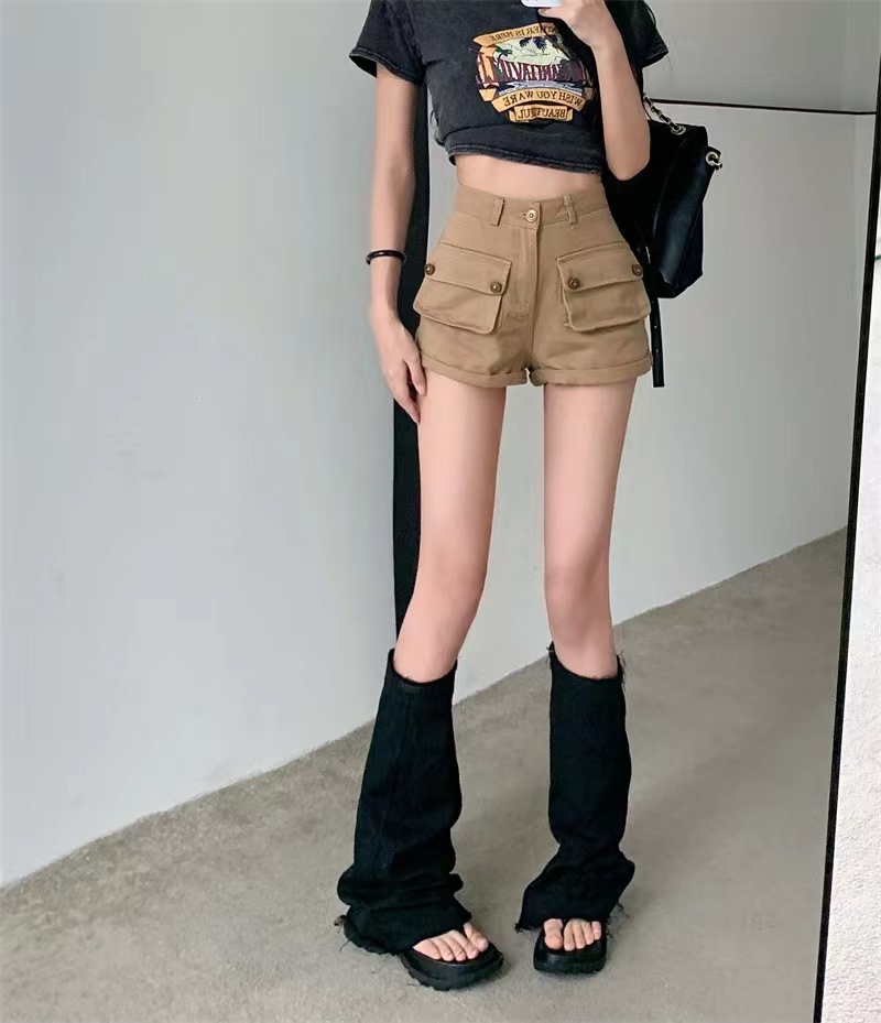 Actual shot of new overalls rolled cuffed straight overalls versatile slimming retro hottie denim shorts for women
