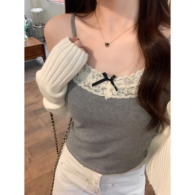 Real shot of gentle style pure desire slimming bow small suspender cotton inner layering bottoming lace vest top