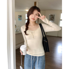 Versatile color-blocked small floral fake two-piece bottoming shirt for women spring and autumn 2024 new inner long-sleeved T-shirt