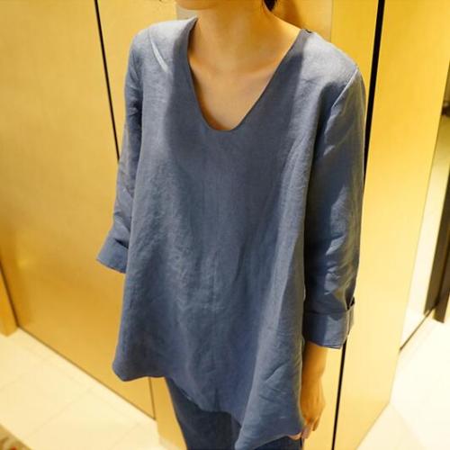 2024 summer new style discreet V-neck loose pure linen large size shirt top cool three-quarter sleeve sun protection shirt