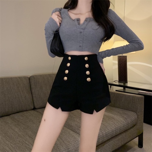 Real shot of super high-waisted double-breasted wide-leg shorts black versatile slimming outer wear A-line ultra-short hot pants for women