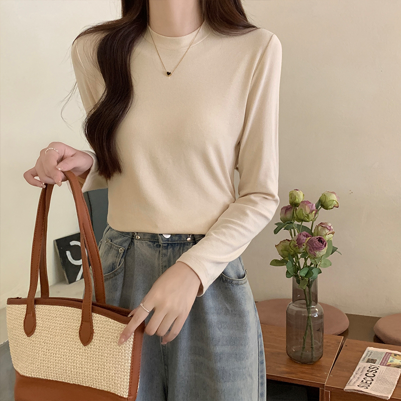 Real shot of threaded long-sleeved T-shirt for women 2024 spring and autumn new slim fit versatile suit with solid color bottoming shirt