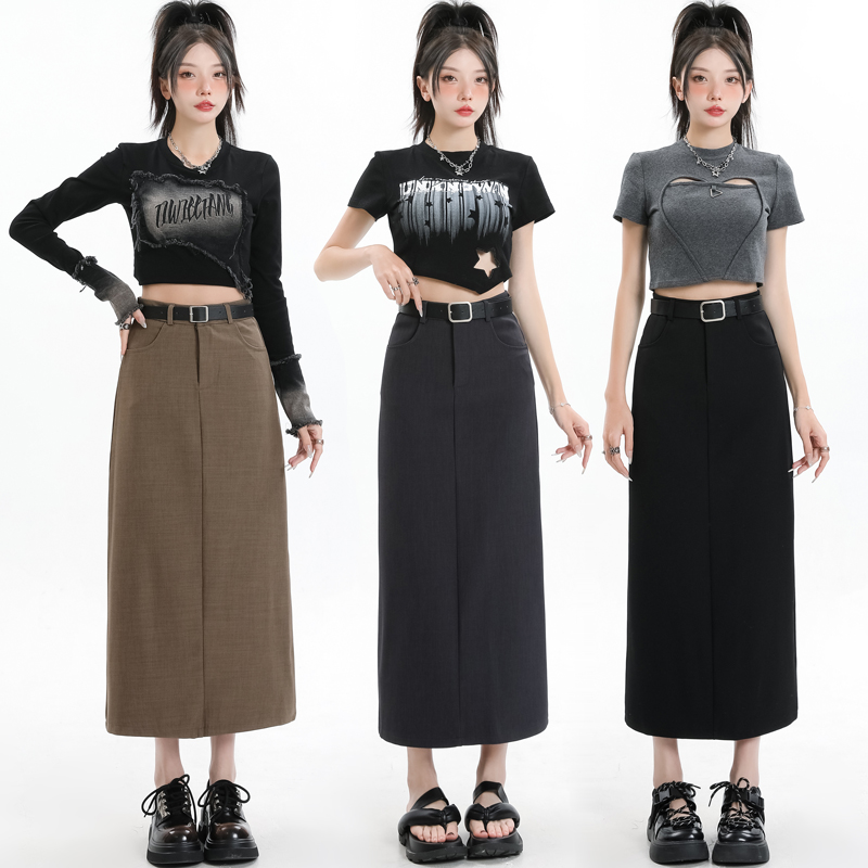 Real shot of suit skirt for women 2024 spring high-waisted straight hip-hugging one-step skirt with back slit a-line mid-length skirt