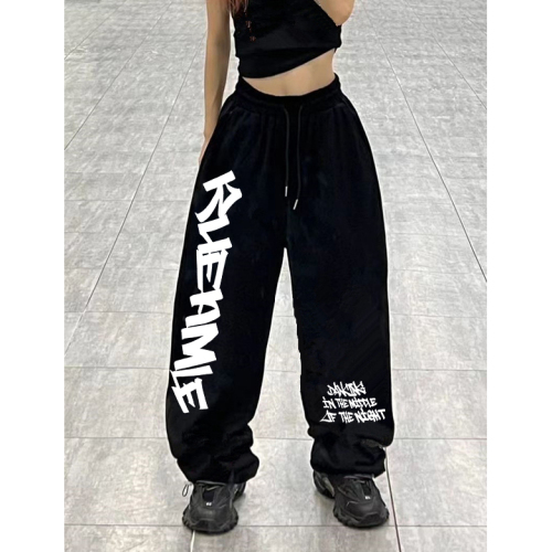 American drawstring street retro hiphop sports jazz dance loose high waist printed casual pants for women