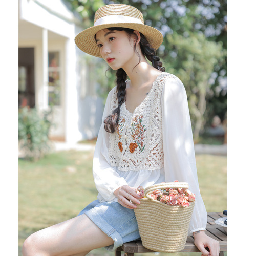 2024 new crocheted chiffon top for women summer fresh student sweet lady lace jacket