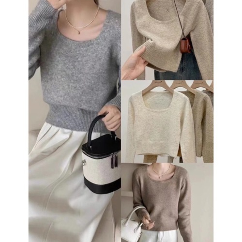 Square collar short soft waxy sweater for women autumn 2023 new pullover short sleeve long-sleeved top versatile base layer shirt