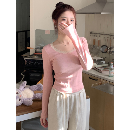 Real shot of pure lust style bear long-sleeved hollow knitted T-shirt for women 2023 autumn and winter lace niche chic top
