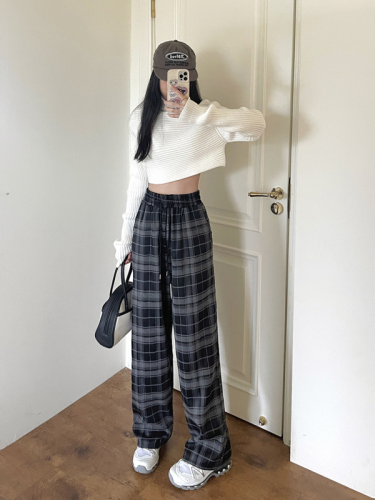Real shot original black and white plaid pants for women autumn new style casual retro straight wide leg pants