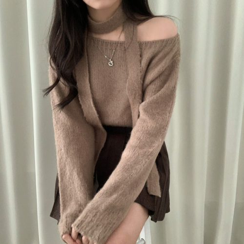 Korean chic gentle one-line collar temperament off-shoulder sweater long-sleeved knitted top with scarf