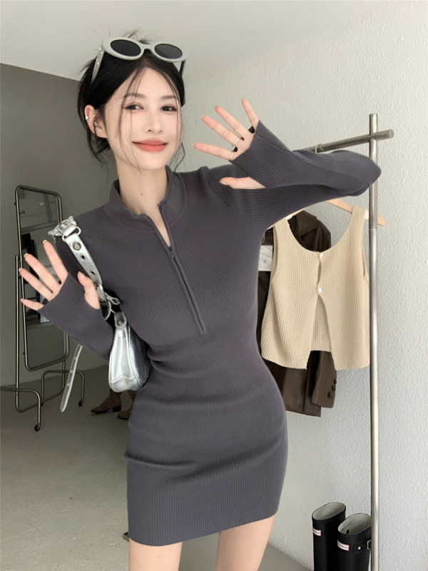 Real shot ~ hot girl sexy zipper half turtleneck bottoming knitted dress women's winter slim tight hip skirt