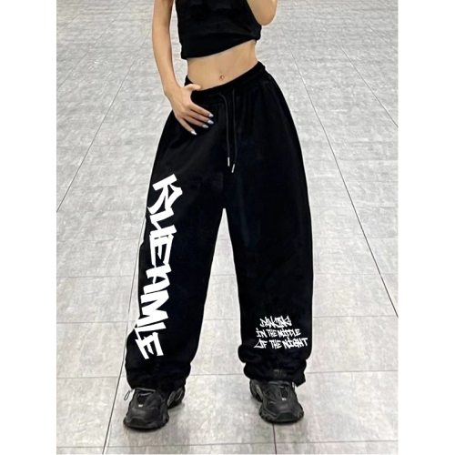 American drawstring street retro hiphop sports jazz dance loose high waist printed casual pants for women