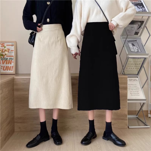 Actual shot~Skirt autumn and winter women's high-waisted A-line hip skirt mid-length slit corduroy long skirt