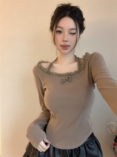 Actual shot of double-sided German velvet pure desire long-sleeved T-shirt in autumn and winter with halter neck design and slim fit inner top