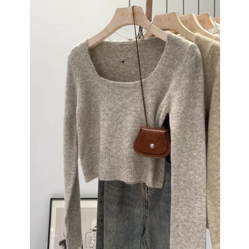 Square collar short soft waxy sweater for women autumn  new pullover short sleeve long-sleeved top versatile base layer shirt
