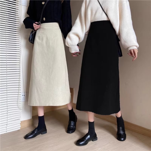 Actual shot~Skirt autumn and winter women's high-waisted A-line hip skirt mid-length slit corduroy long skirt