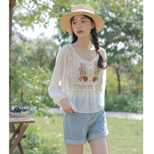 2024 new crocheted chiffon top for women summer fresh student sweet lady lace jacket