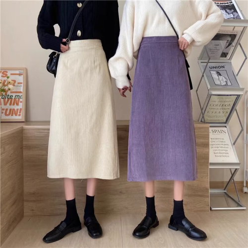 Actual shot~Skirt autumn and winter women's high-waisted A-line hip skirt mid-length slit corduroy long skirt