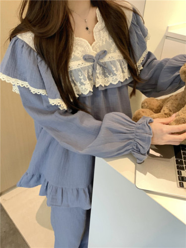 Real shot Korean version of sweet soft cotton skin-friendly double yarn heavy industry lace palace style spring and autumn home wear suit nightgown