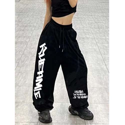 American drawstring street retro hiphop sports jazz dance loose high waist printed casual pants for women