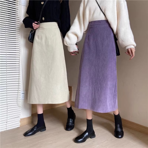 Actual shot~Skirt autumn and winter women's high-waisted A-line hip skirt mid-length slit corduroy long skirt