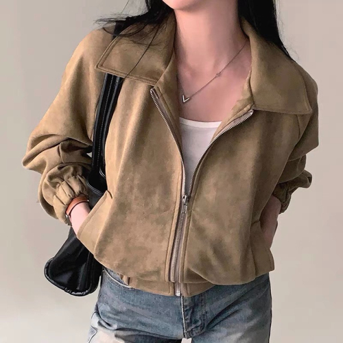 Korean chic autumn French retro lapel zipper suede style loose and versatile long-sleeved short jacket