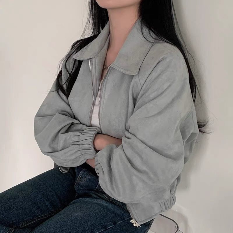Korean chic autumn French retro lapel zipper suede style loose and versatile long-sleeved short jacket