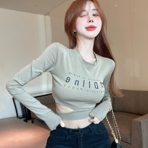 Early Autumn Sweet Hot Girl Pure Desire Short T-shirt Top Women's Designed Hollow Long Sleeve Chic and Unique Small Shirt in