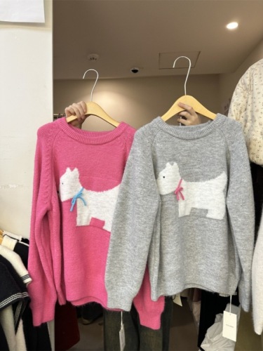 Puppy Three-dimensional Bow Thickened Sweater Women's  Winter New Loose Knit Sweater Sweet Age-Reducing Top