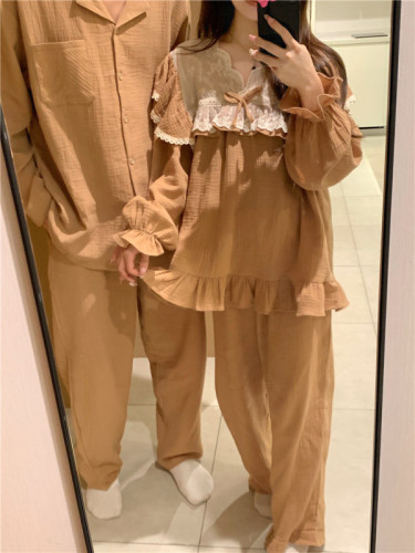 Real shot Korean version of sweet soft cotton skin-friendly double yarn heavy industry lace palace style spring and autumn home wear suit nightgown